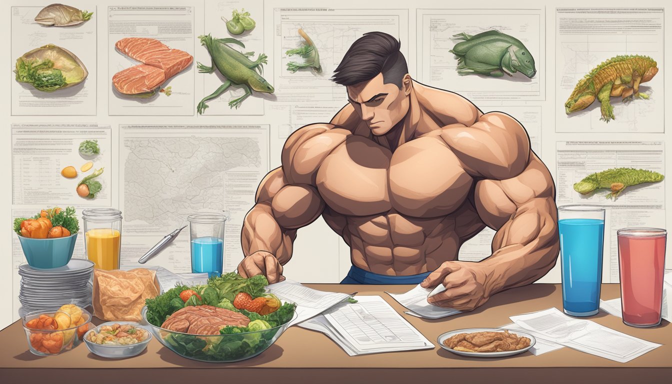 A carnivorous animal and a bodybuilder's meal spread on a table, surrounded by scientific research papers and nutritional charts