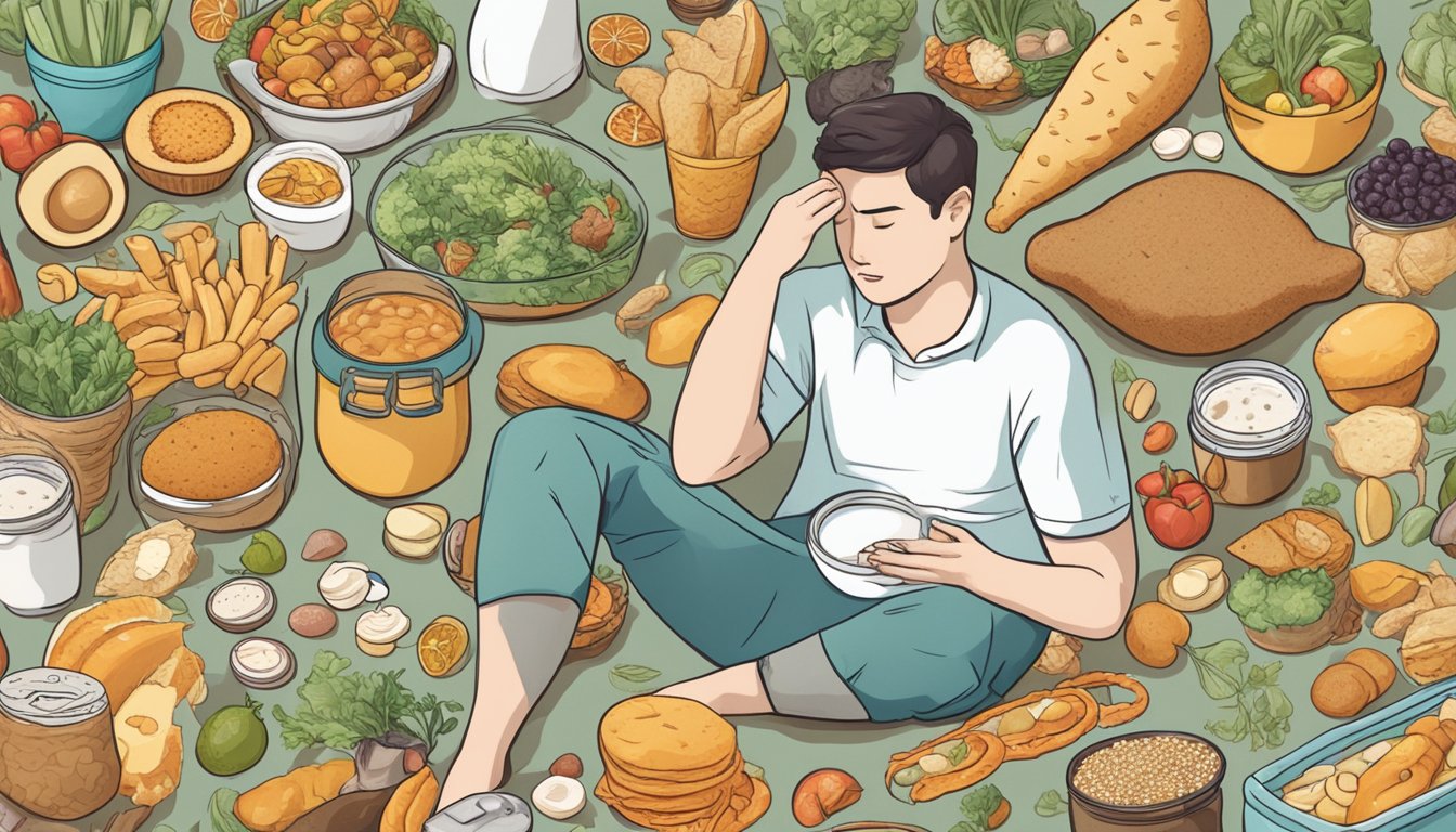 A person surrounded by various food items, feeling fatigued and experiencing digestive discomfort