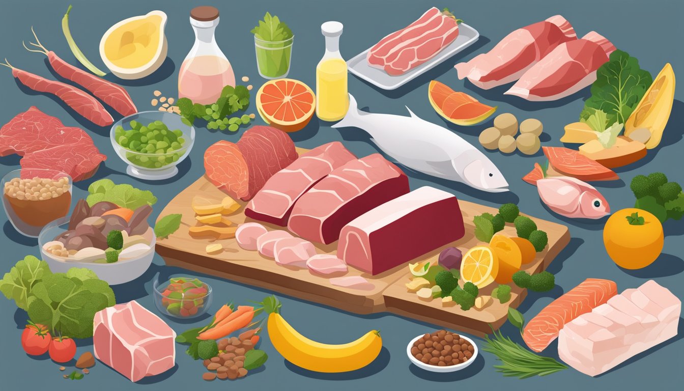 A carnivore diet: a scene of a variety of raw meat, fish, and animal products. A carb cycling diet: a scene of a mix of fruits, vegetables, grains, and legumes