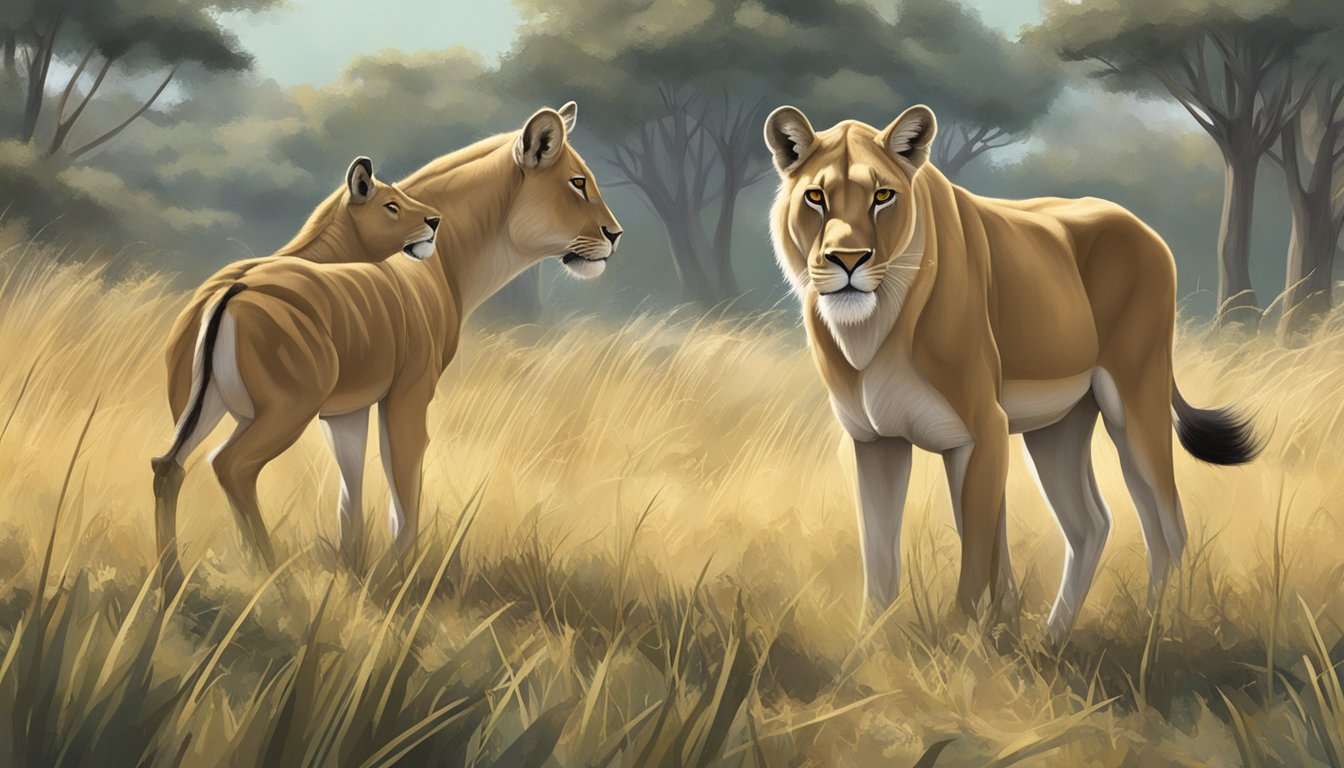 A lioness hungrily eyes a zebra while a deer grazes peacefully nearby