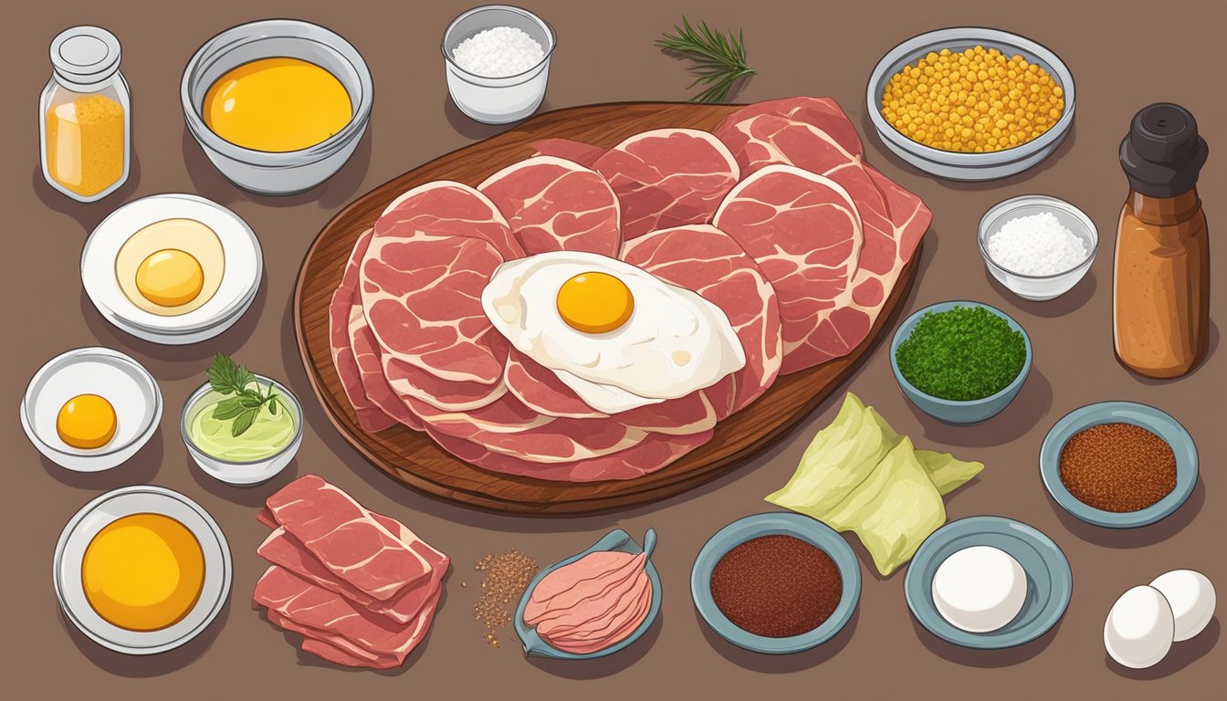 A table with raw meat, eggs, and seasonings laid out for making carnivore diet tortillas