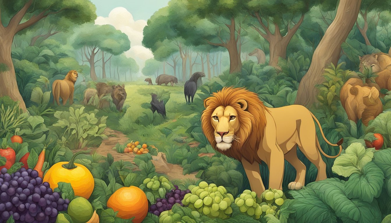 A lush forest with a lion hunting for prey, while nearby a group of people gather and prepare a variety of fruits and vegetables