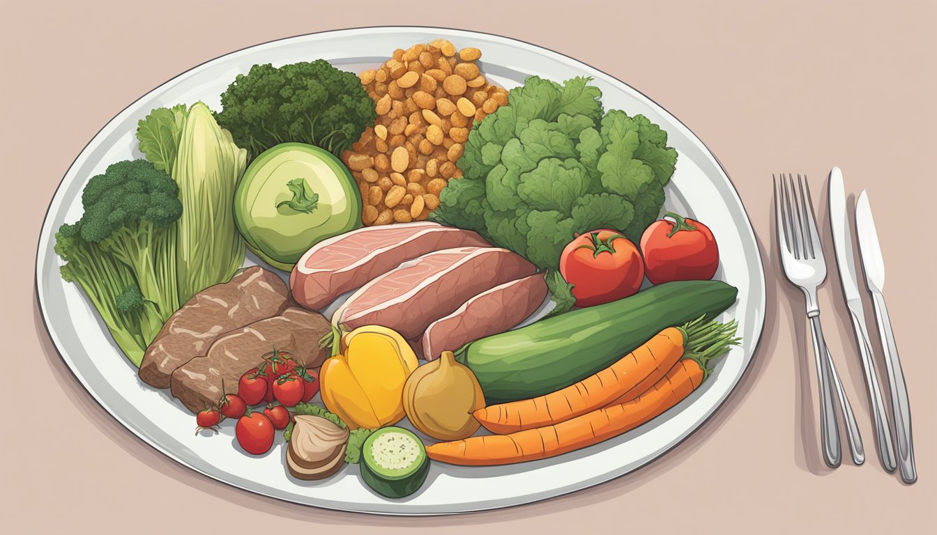 A plate with a variety of vegetables, fruits, grains, and a small portion of meat, illustrating the comparison between a flexitarian and a carnivore diet