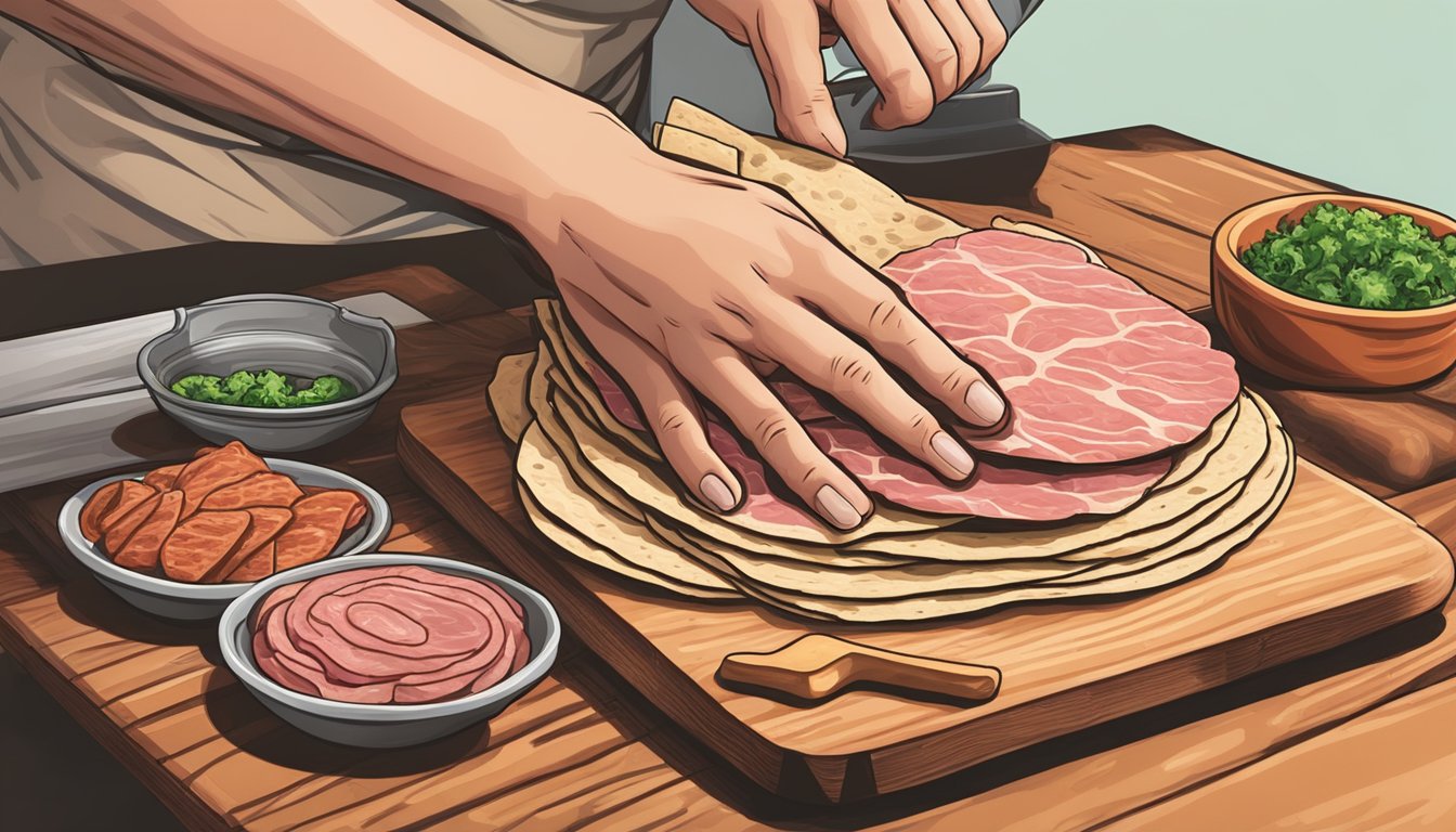 A hand reaching for a pile of raw meat and a stack of tortillas on a cutting board