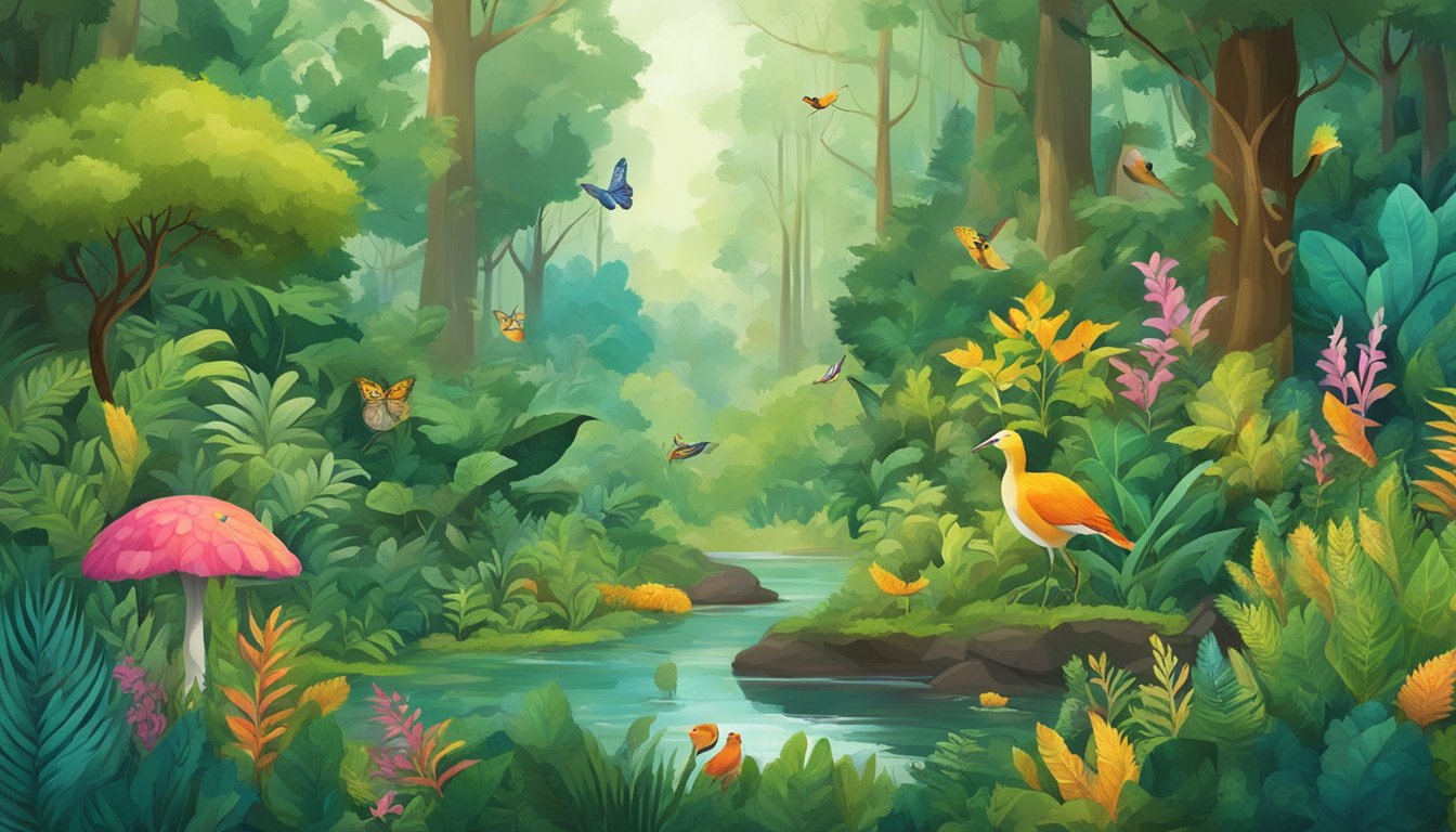 A lush, vibrant forest with a diverse array of plant life and animals coexisting harmoniously