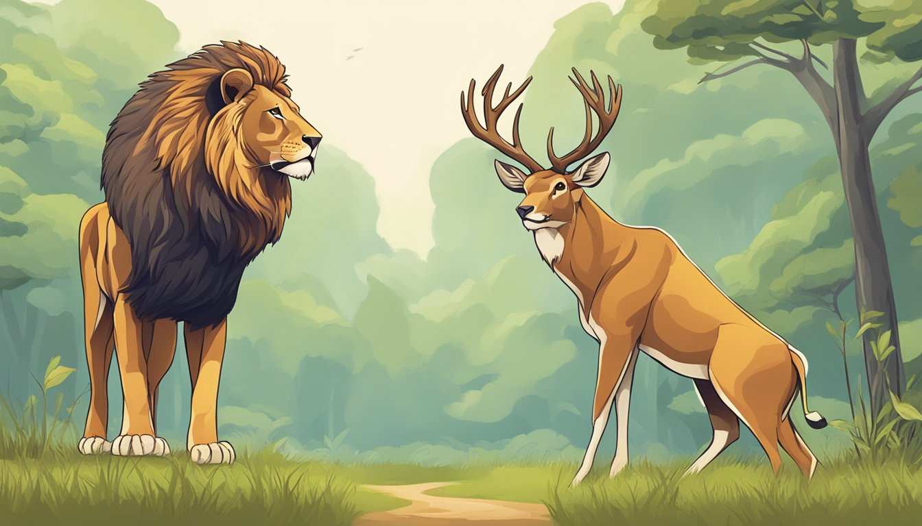 A lion and a deer stand opposite each other, representing the contrast between a carnivore diet and a flexitarian diet