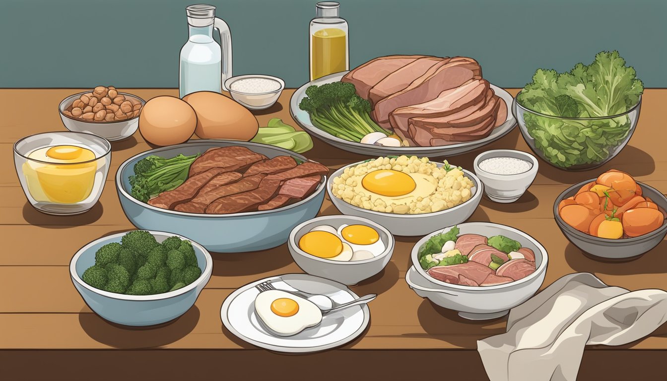 A table set with a variety of meats, eggs, and low-carb vegetables. A scale and measuring cups sit nearby