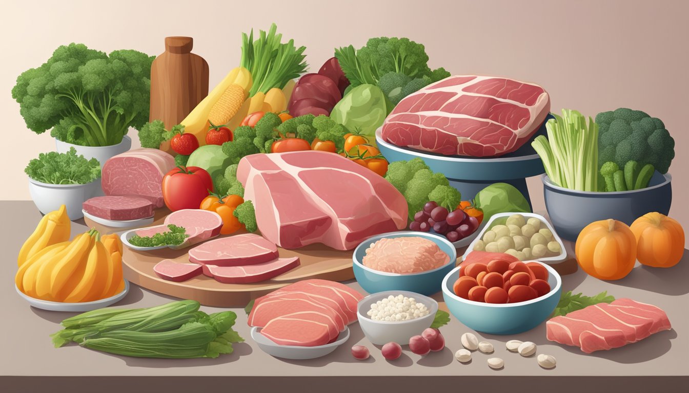 A table with a variety of fresh meats, vegetables, and fruits, along with supplements and probiotics, surrounded by conflicting research articles