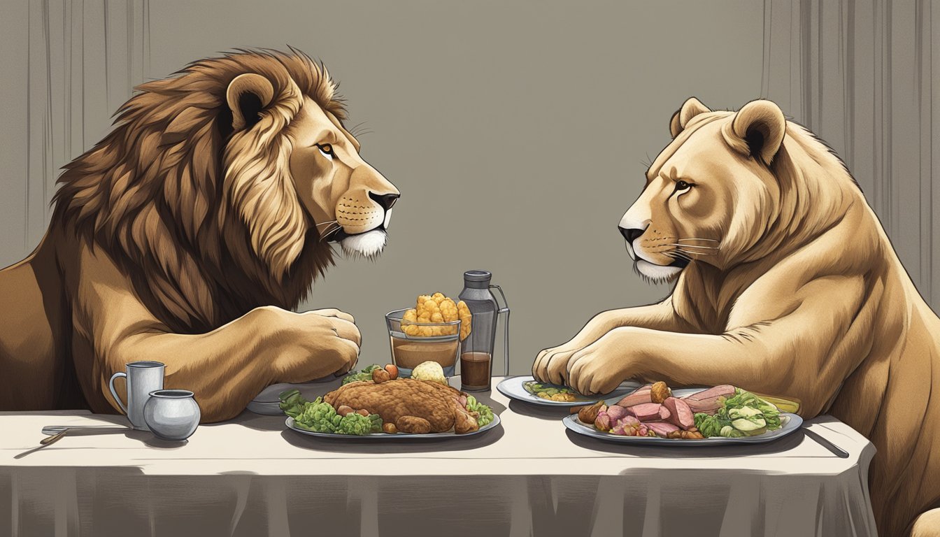 A lion and a bear sit side by side, one feasting on meat while the other indulges in a high-fat diet. Both appear healthy and strong