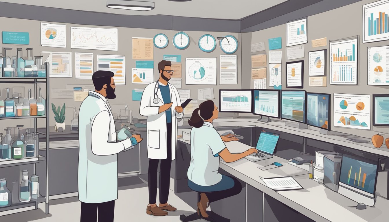 A scientific laboratory with researchers discussing and comparing the benefits of the carnivore diet and the GAPS diet. Various charts and graphs are displayed on the walls