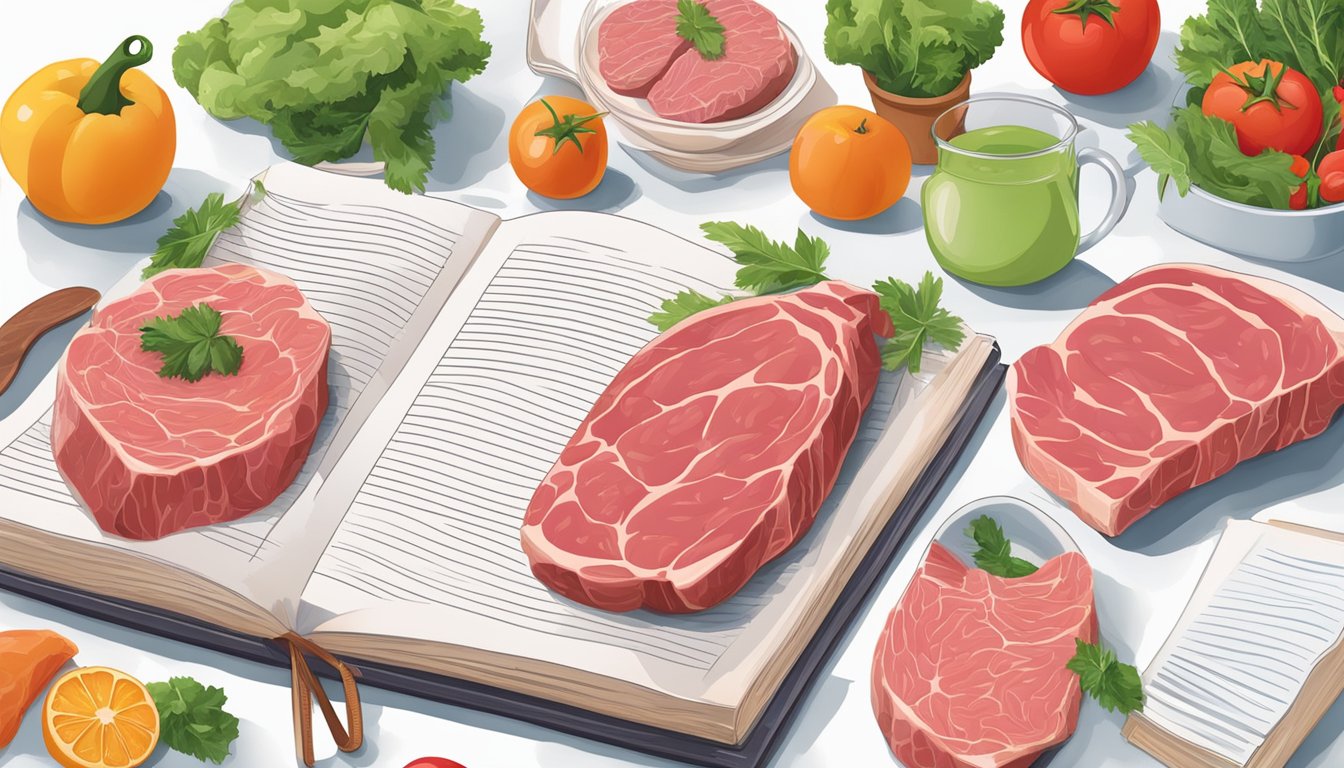 A table set with raw meat and fresh produce, with a book on each diet open to relevant pages