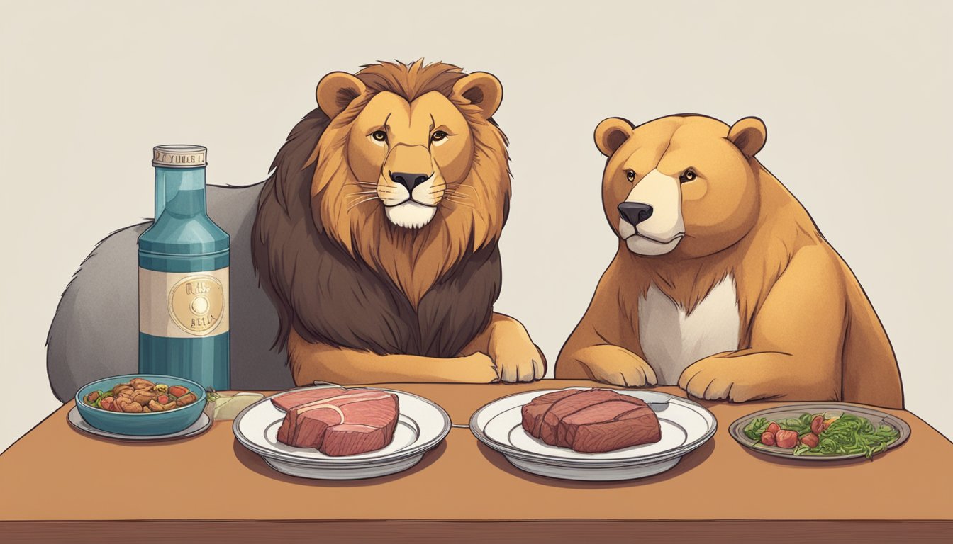 A lion and a bear sit at a table, each with a plate of meat. A scale sits between them, with "carnivore diet" on one side and "Atkins" on the other