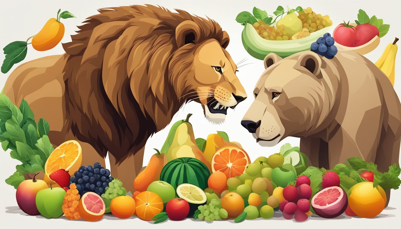 A lion and a bear face off, surrounded by a diverse array of fruits, vegetables, and meats