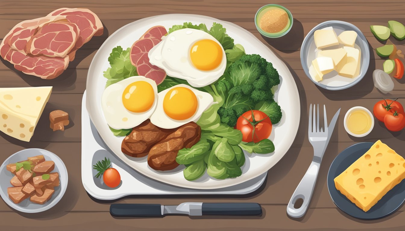 A table with two plates: one filled with meat and vegetables, the other with low-carb options like eggs and cheese. A scale sits nearby