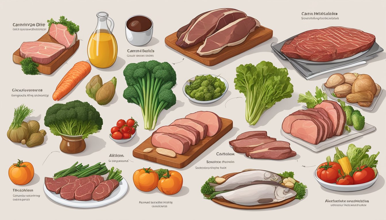 A table with various meats, vegetables, and scientific studies laid out, contrasting the carnivore diet and Atkins approach