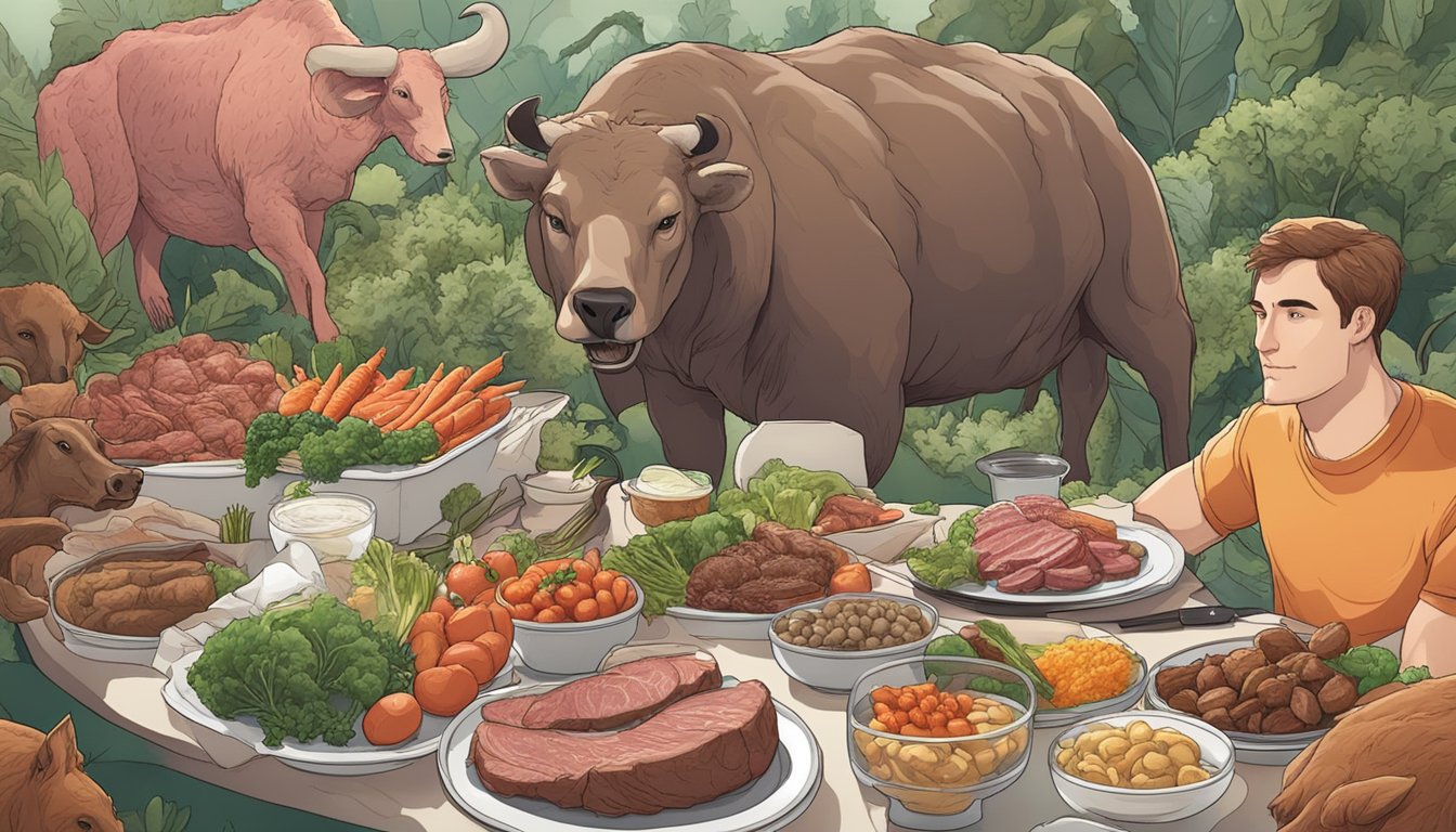 A carnivore surrounded by meat, while an Atkins follower has a plate of vegetables and protein