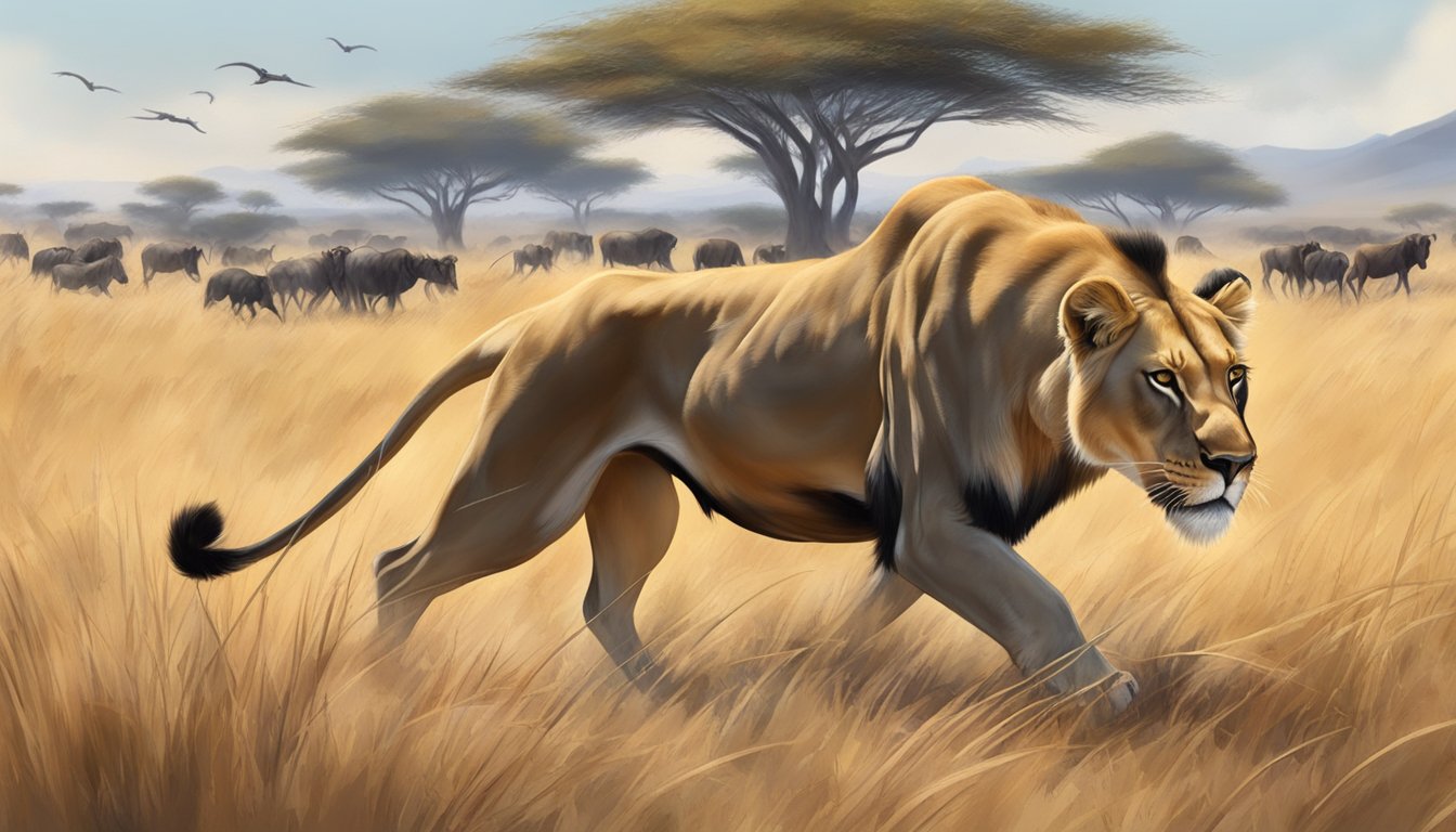 A lioness hunting wildebeest on the African savannah, showcasing the food sources and quality of a carnivore diet