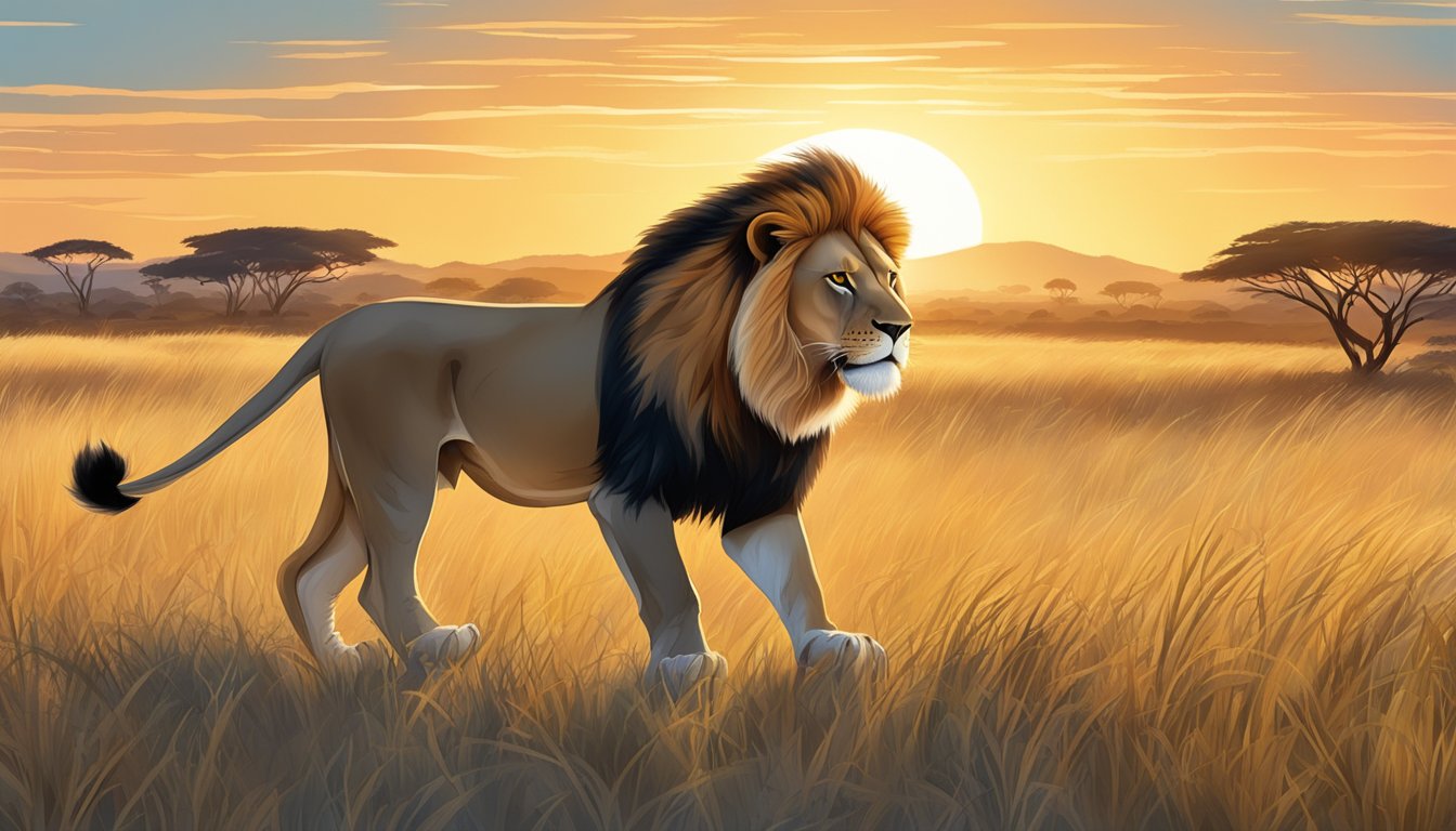 A lion hunting for prey in a savanna, while the sun rises and sets, illustrating the contrast between the carnivore diet and intermittent fasting