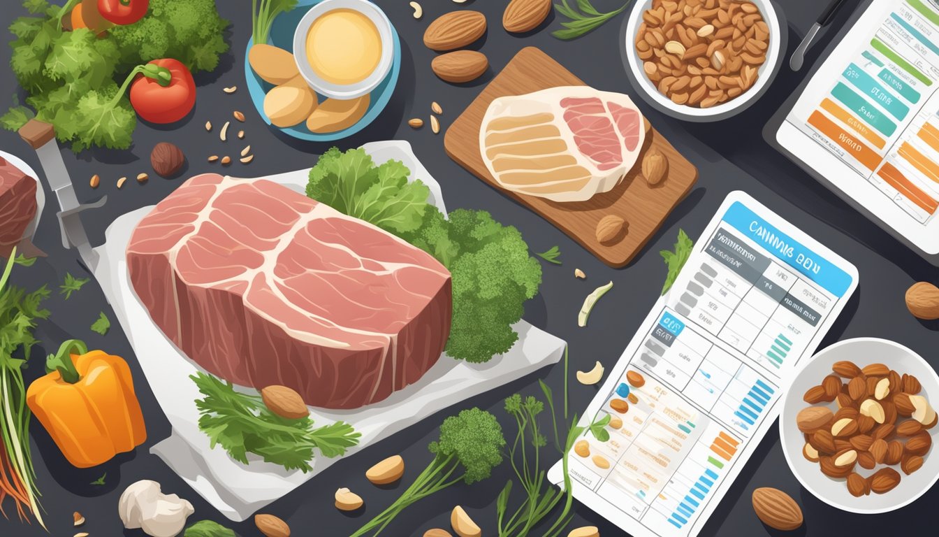 A carnivore diet with meat and bones next to a low carb meal with vegetables and nuts, surrounded by scientific nutritional charts and data