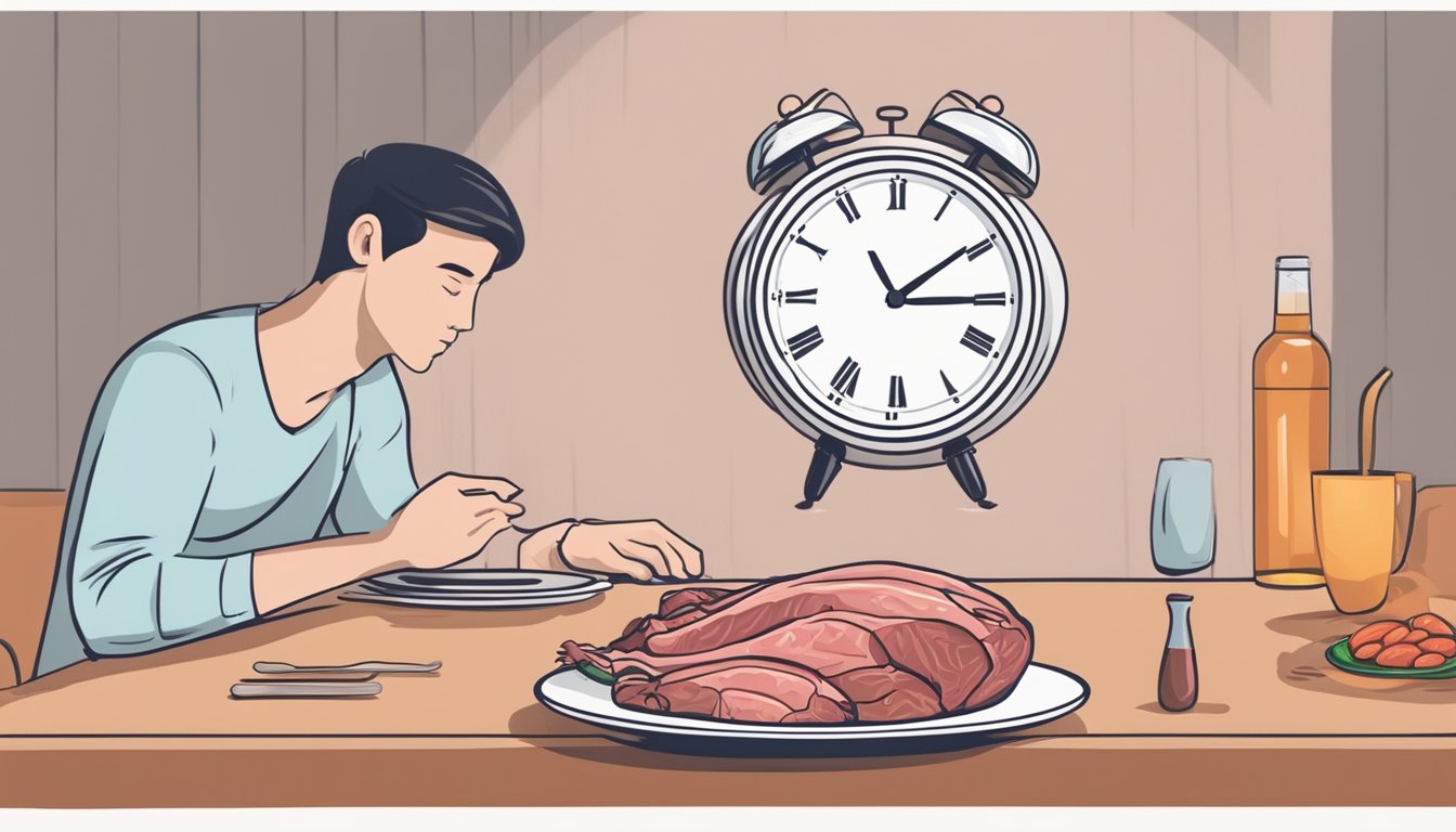 A person choosing between a plate of raw meat and a clock indicating fasting time