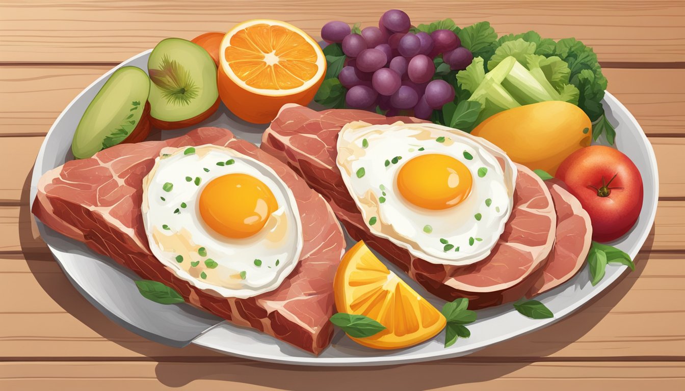 A table split in half, one side piled with meat and eggs, the other with colorful fruits and vegetables