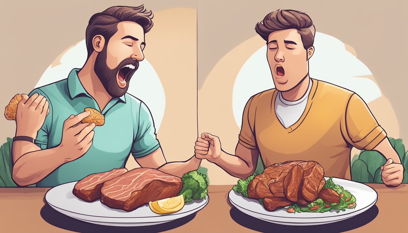 A person eating meat with no carbs vs a person eating low carb foods, experiencing different side effects