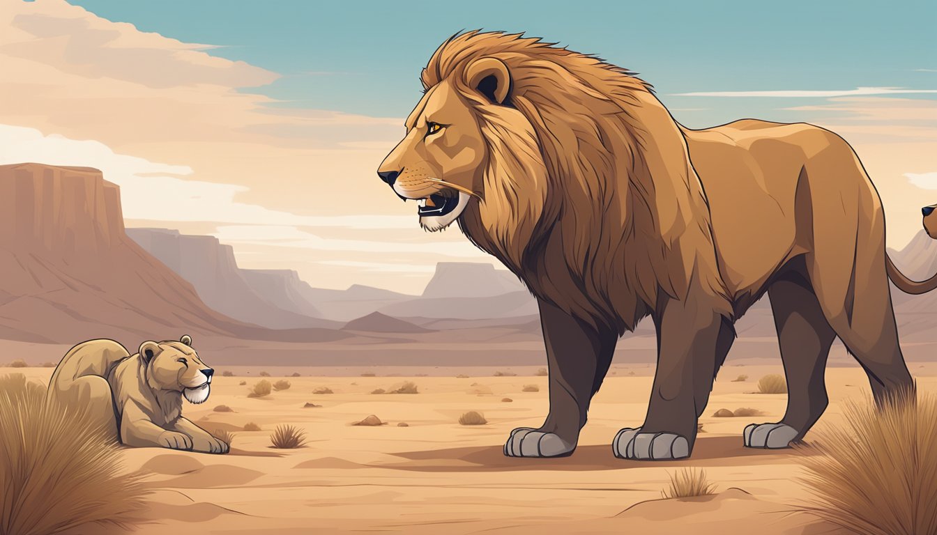 A lion and a bear face off in a desert landscape, representing the potential risks and criticisms of the carnivore diet versus a low-carb diet