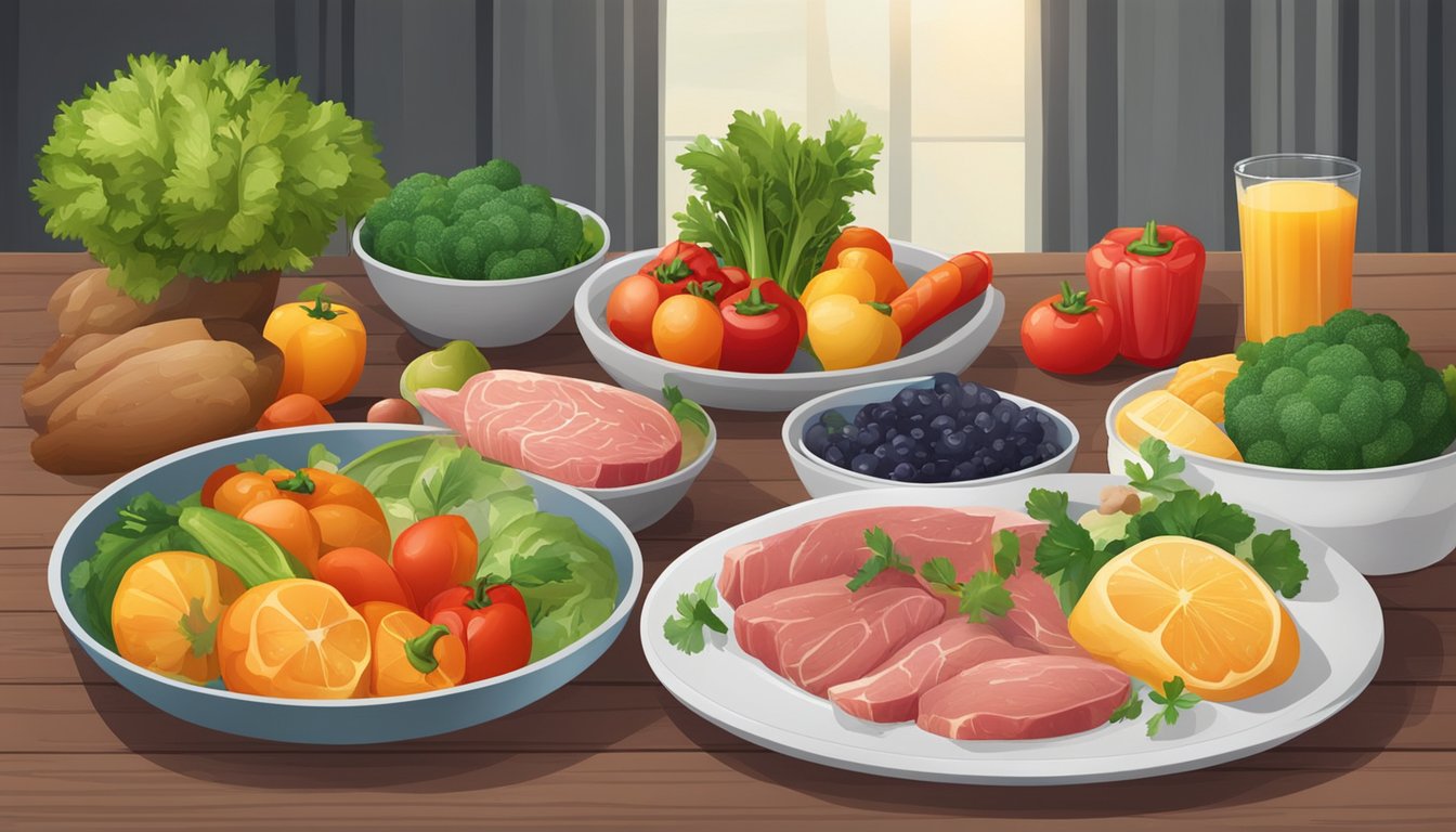 A table set with a variety of fresh vegetables, fruits, and lean meats, with a bowl of salt and a plate of sugar on the side