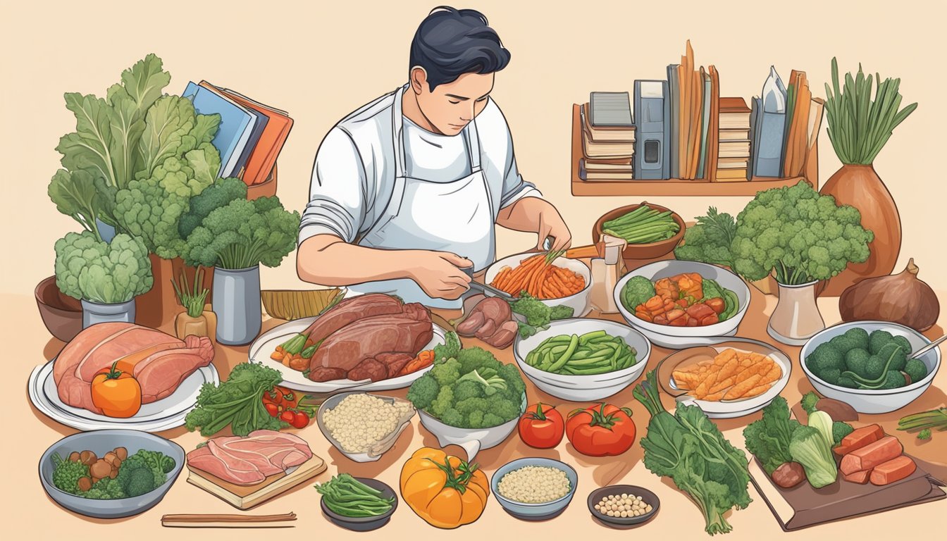 A person preparing a meal with a variety of meats and low-carb vegetables, surrounded by books on diet and metabolic health