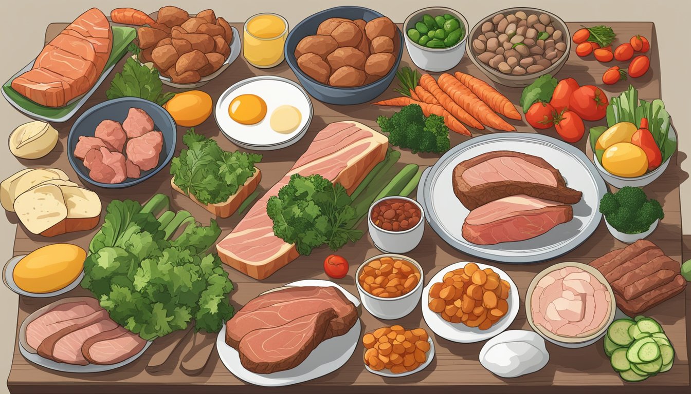 A table with a variety of meat, fish, eggs, and low fodmap vegetables. No grains, fruits, or high fodmap foods in sight