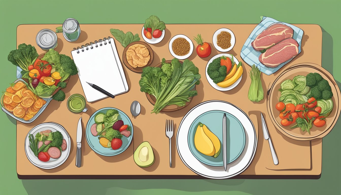 A table set with various foods, including meat, vegetables, and fruits, with a person comparing the two diets using a notebook and pen