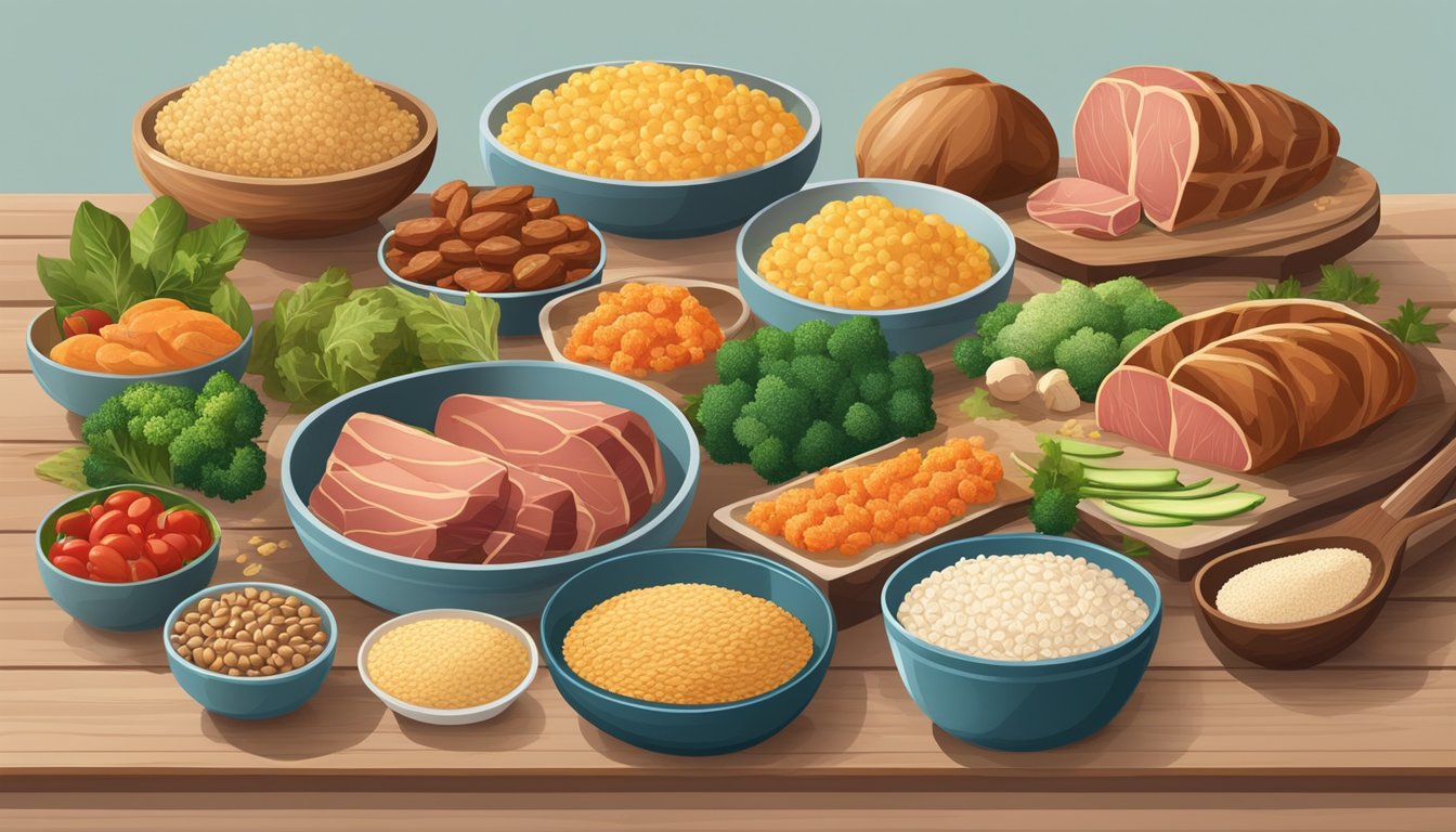 A table with a variety of gluten-free and carnivore-friendly foods, including meats, vegetables, and grains, displayed in an organized and appetizing manner