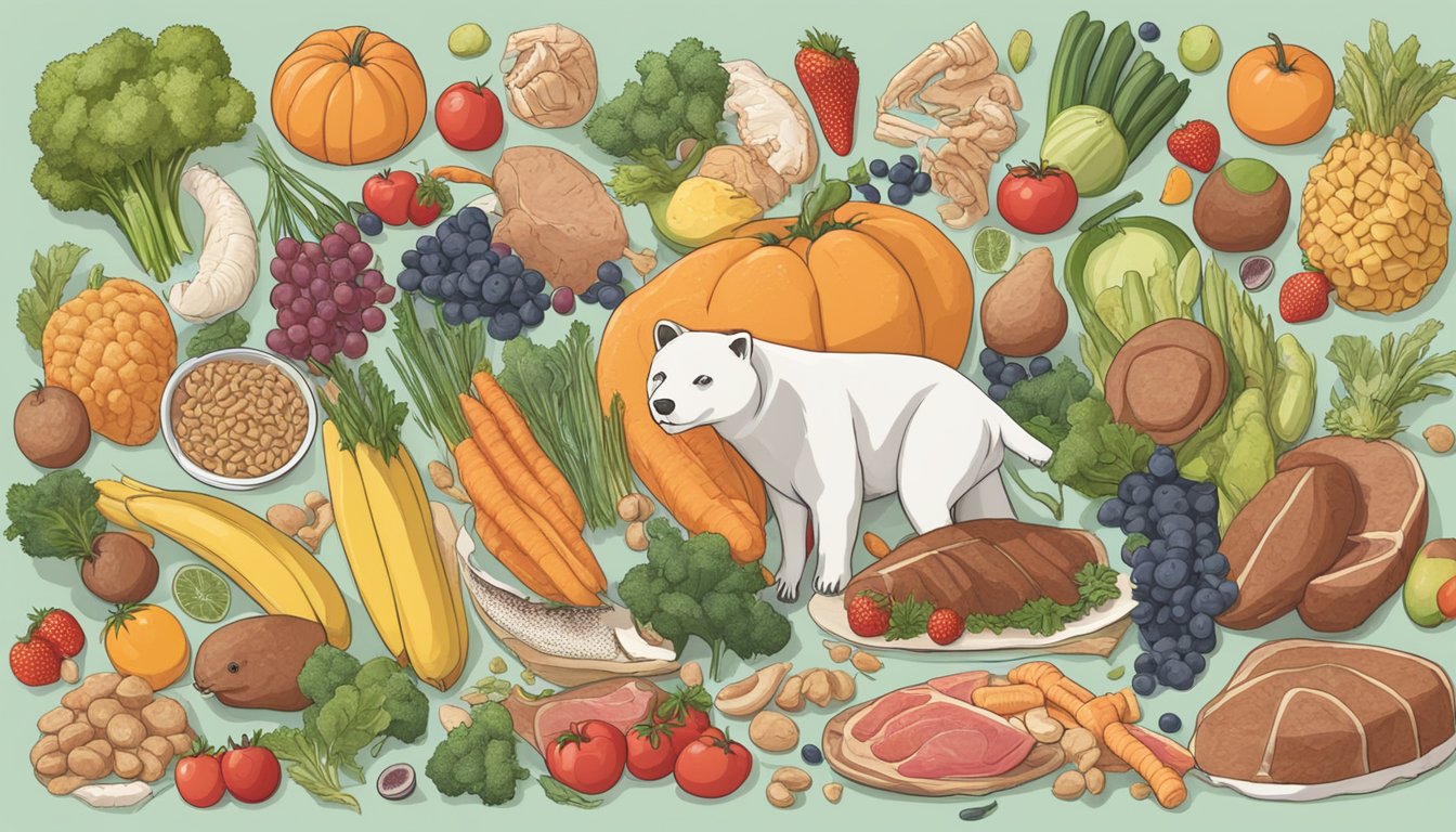 A carnivore surrounded by meat and bones, while a low FODMAP dieter is surrounded by fruits, vegetables, and grains