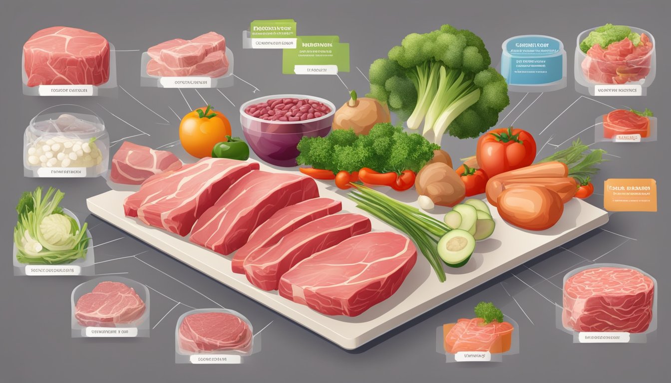 A table with a spread of raw meat and vegetables, surrounded by nutritional labels and charts