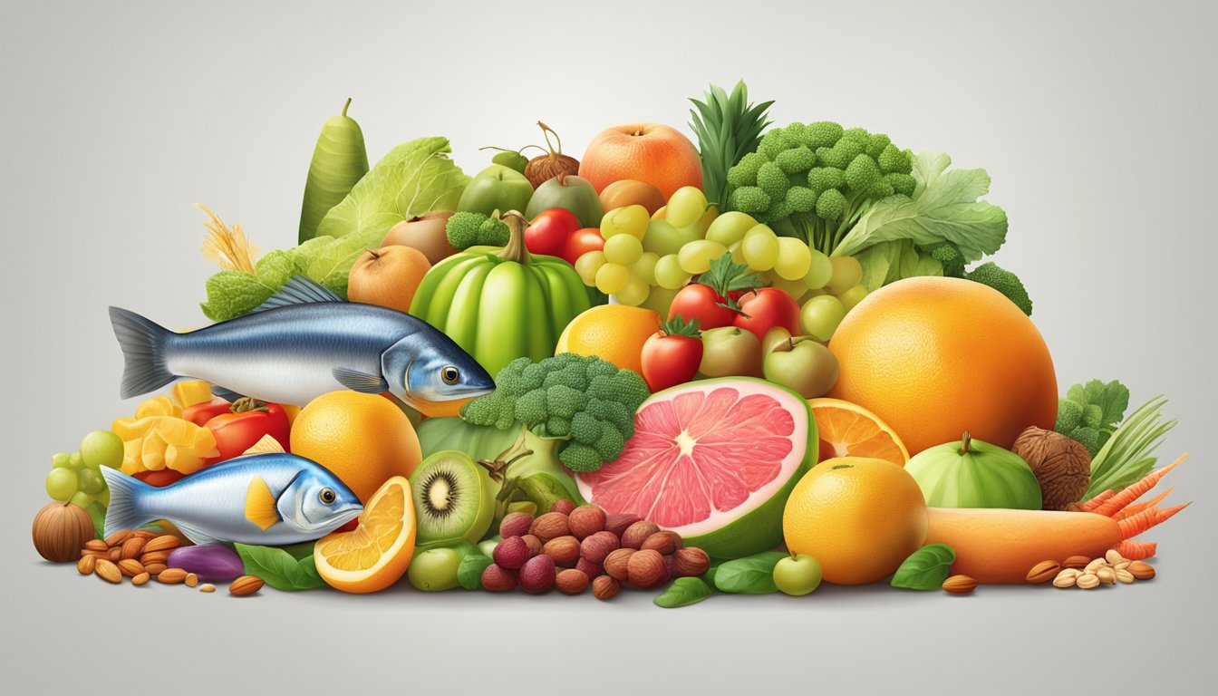 A colorful array of fruits, vegetables, nuts, and fish arranged in a balanced and appealing manner, with a clear distinction from a pile of meat and animal products