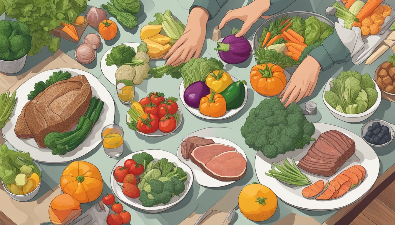 A person preparing a meal, surrounded by a variety of fresh vegetables, fruits, and meats, while considering the benefits of a carnivore diet versus a low FODMAP diet