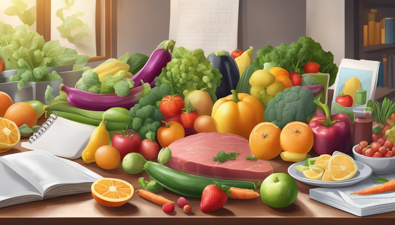 A table with a variety of fresh fruits, vegetables, and lean meats, surrounded by scientific research papers and nutrition textbooks