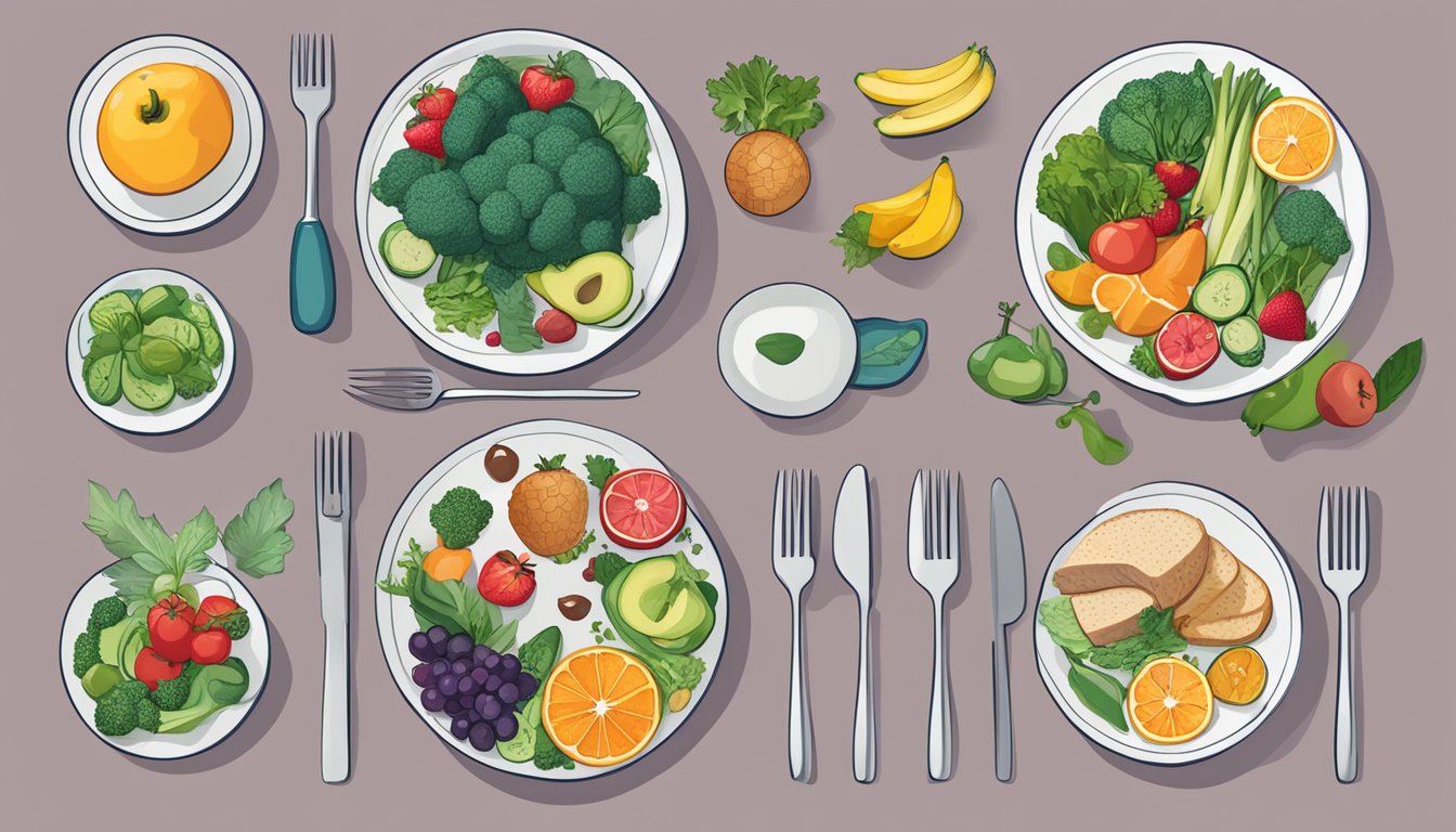 A carnivore diet and low FODMAP foods displayed on separate plates, surrounded by various fruits, vegetables, and medical symbols