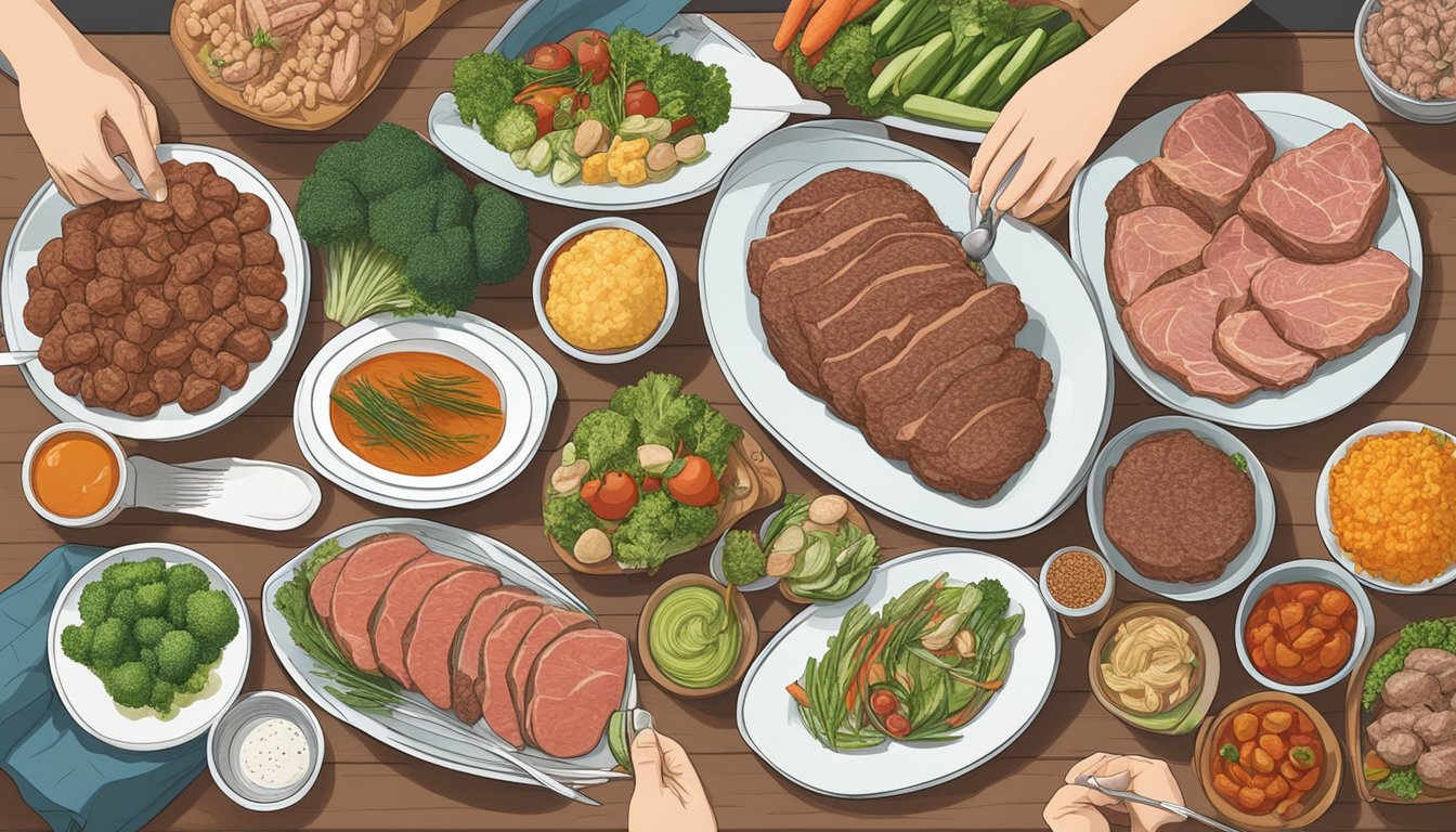 A table with a variety of meat, vegetables, and gluten-free alternatives, with a person considering their options