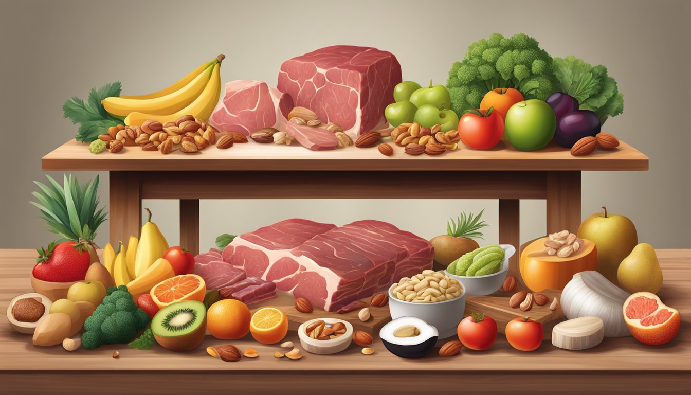 A table split in half, one side piled with meat and animal products, the other with fruits, vegetables, and nuts