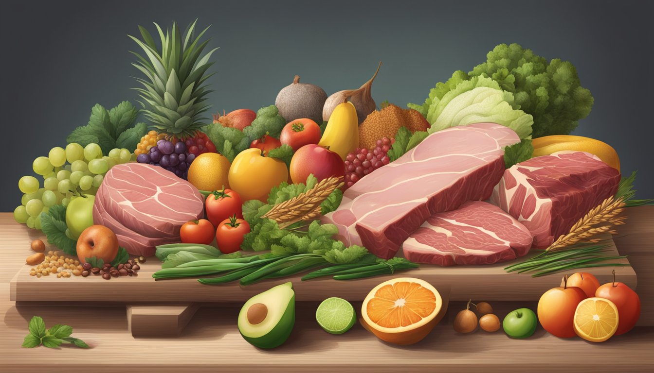 A table split in half, one side piled with meat and animal products, the other with fruits, vegetables, and grains. Critics debating on each side