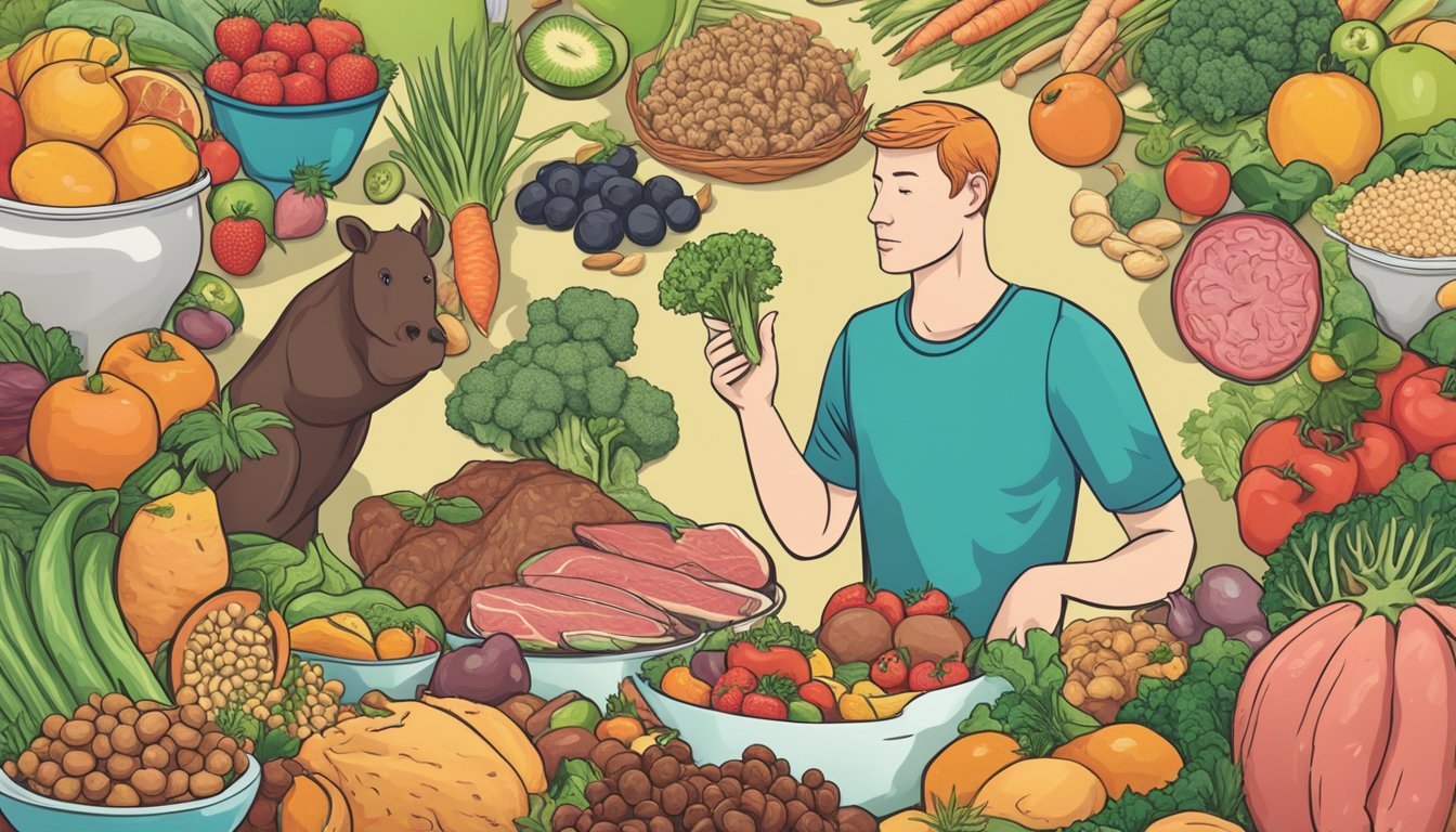 A person thriving on a carnivore diet, surrounded by meat and animal products, contrasts with another person thriving on a mind diet, surrounded by fruits, vegetables, and whole grains