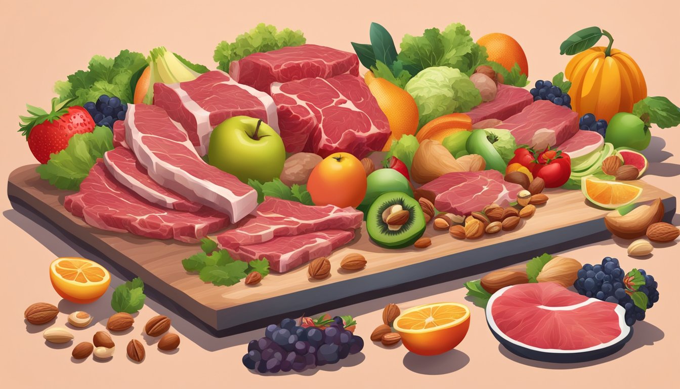 A table split in half, one side piled with raw meat and bones, the other with colorful fruits, vegetables, and nuts