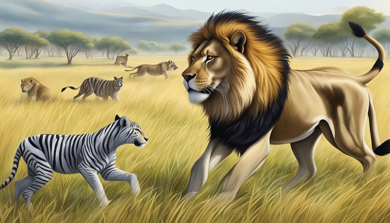 A lion hunting and devouring a zebra, while a wolf scavenges for berries and roots in a grassy meadow