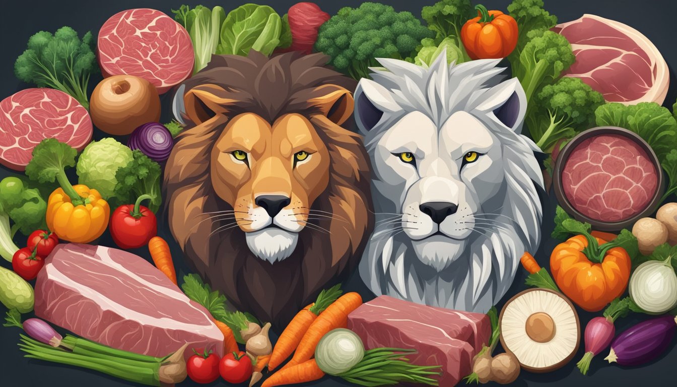 A lion and a wolf stand side by side, each surrounded by their respective diet of raw meat and fresh vegetables