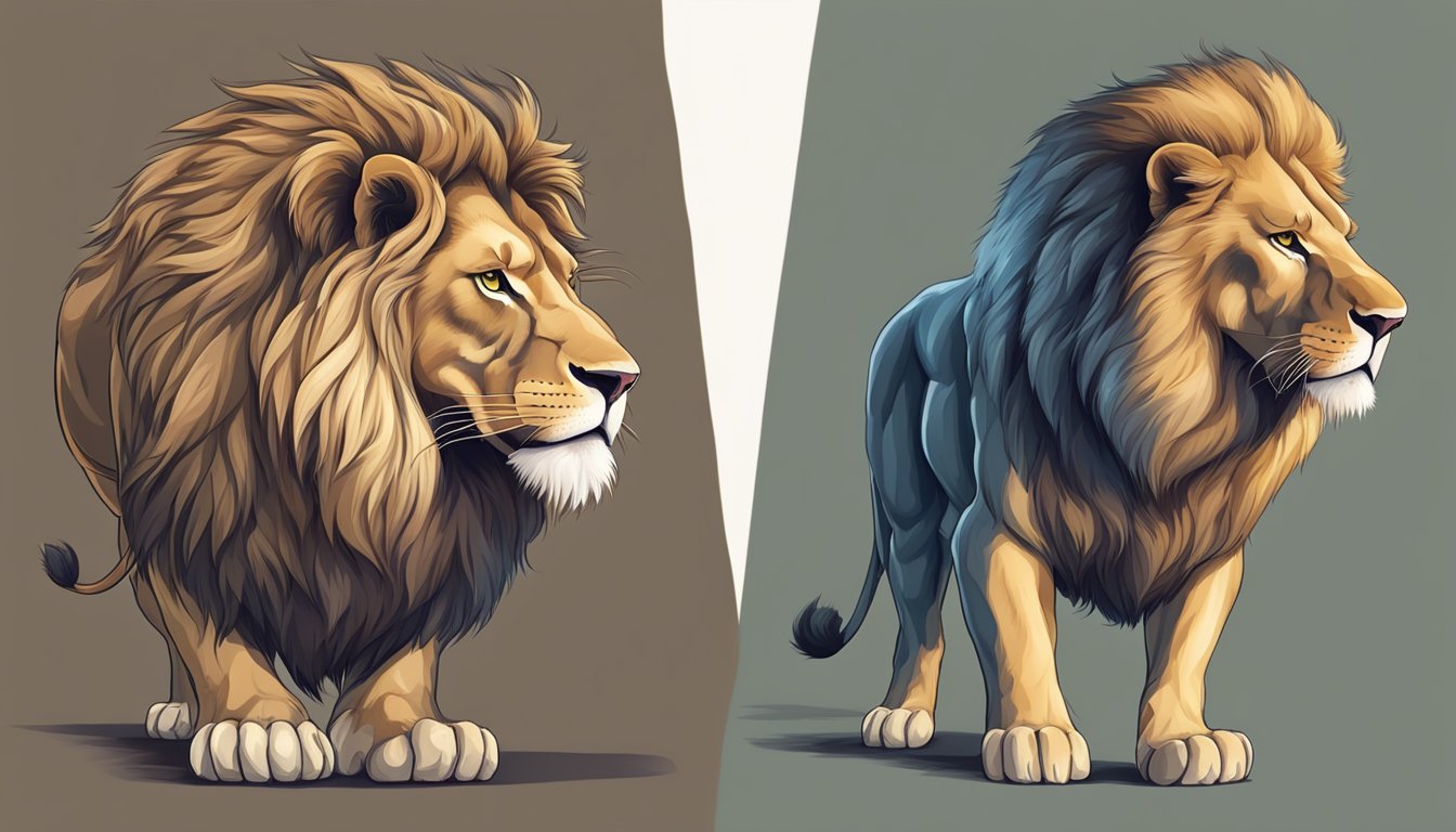 A lion with a healthy, shiny coat and strong muscles compared to a malnourished, weak lion with dull fur