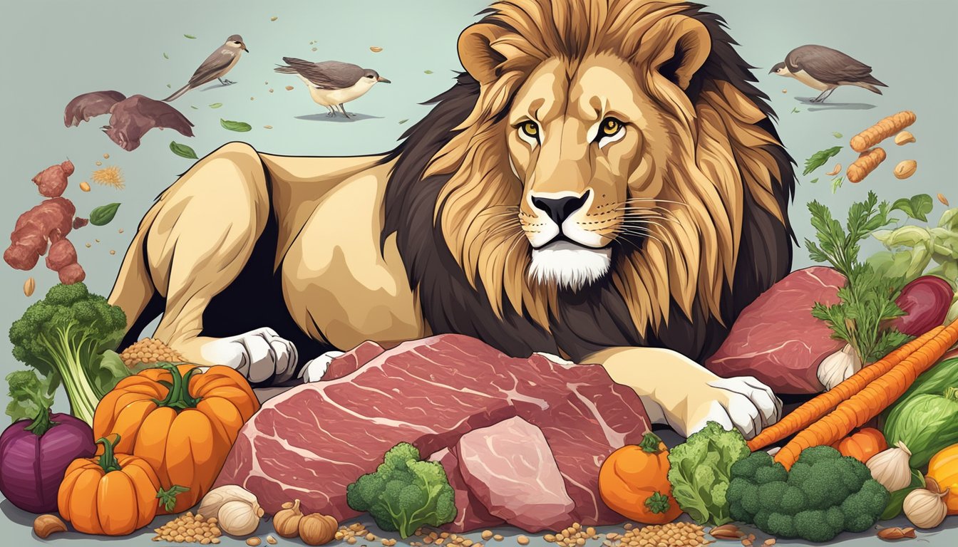 A lion surrounded by raw meat and bones, with a pile of grains and vegetables pushed to the side