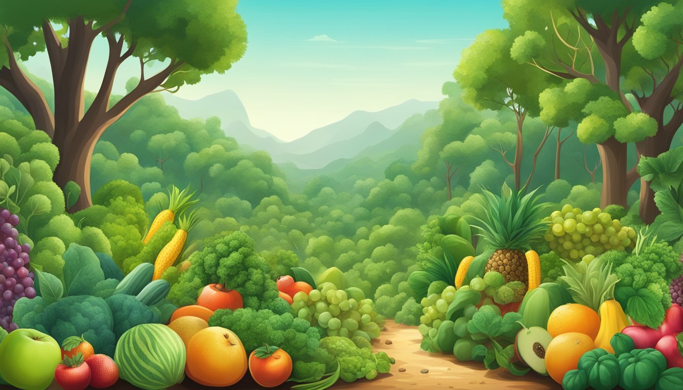 A lush green forest with a variety of fruits, vegetables, and grains growing abundantly, contrasting with a barren landscape where only carnivorous animals roam