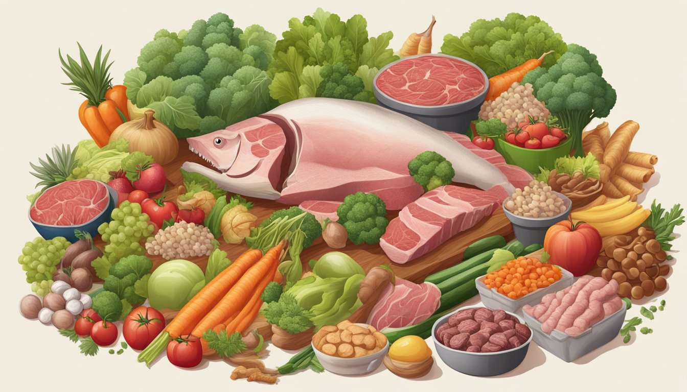 A carnivore surrounded by meat and bones, while a no grain dieter is surrounded by vegetables and fruits