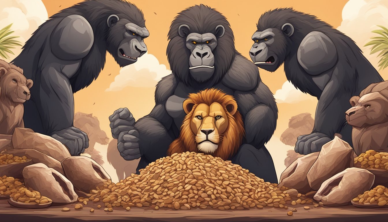 A lion and a gorilla face off, surrounded by piles of meat and grains. The lion looks satisfied, while the gorilla appears healthy and strong